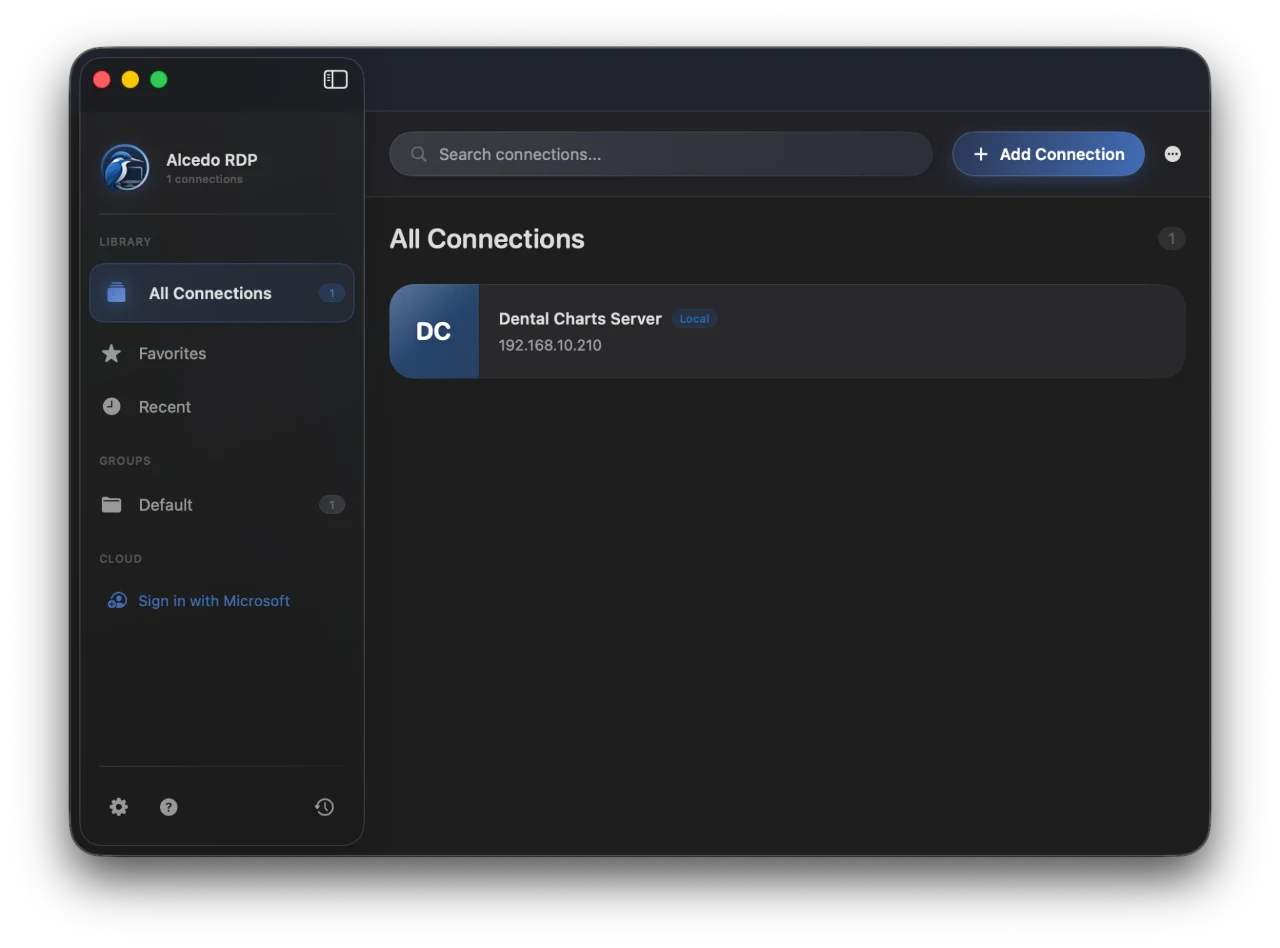 The Alcedo RDP window on macOS: a sidebar with All Connections, Favorites, Recent, a Default group and Sign in with Microsoft, next to a connection list with one saved server, a search field and an Add Connection button.