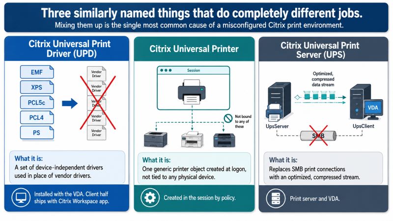 Infographic disambiguating three Citrix printing components: the Universal Print Driver is a set of device-independent EMF XPS PCL and PostScript drivers installed with the VDA that replace vendor drivers, the Universal Printer is a single generic printer object created in the session at logon that is not bound to any physical device, and the Universal Print Server pairs UpsServer on the print server with UpsClient on the VDA to replace SMB print connections with an optimized compressed stream