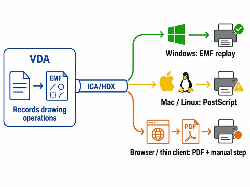 Diagram showing how the Citrix Universal Print Driver processes documents and where EMF diverges by endpoint: the VDA records drawing operations rather than rasterizing, but EMF replay requires a Windows print subsystem so Windows endpoints replay through the local spooler and real driver, macOS and Linux endpoints fall back to PostScript often needing a locally maintained driver, and Chrome HTML5 and thin clients use the Citrix PDF Universal Printer which adds a manual print dialog per job