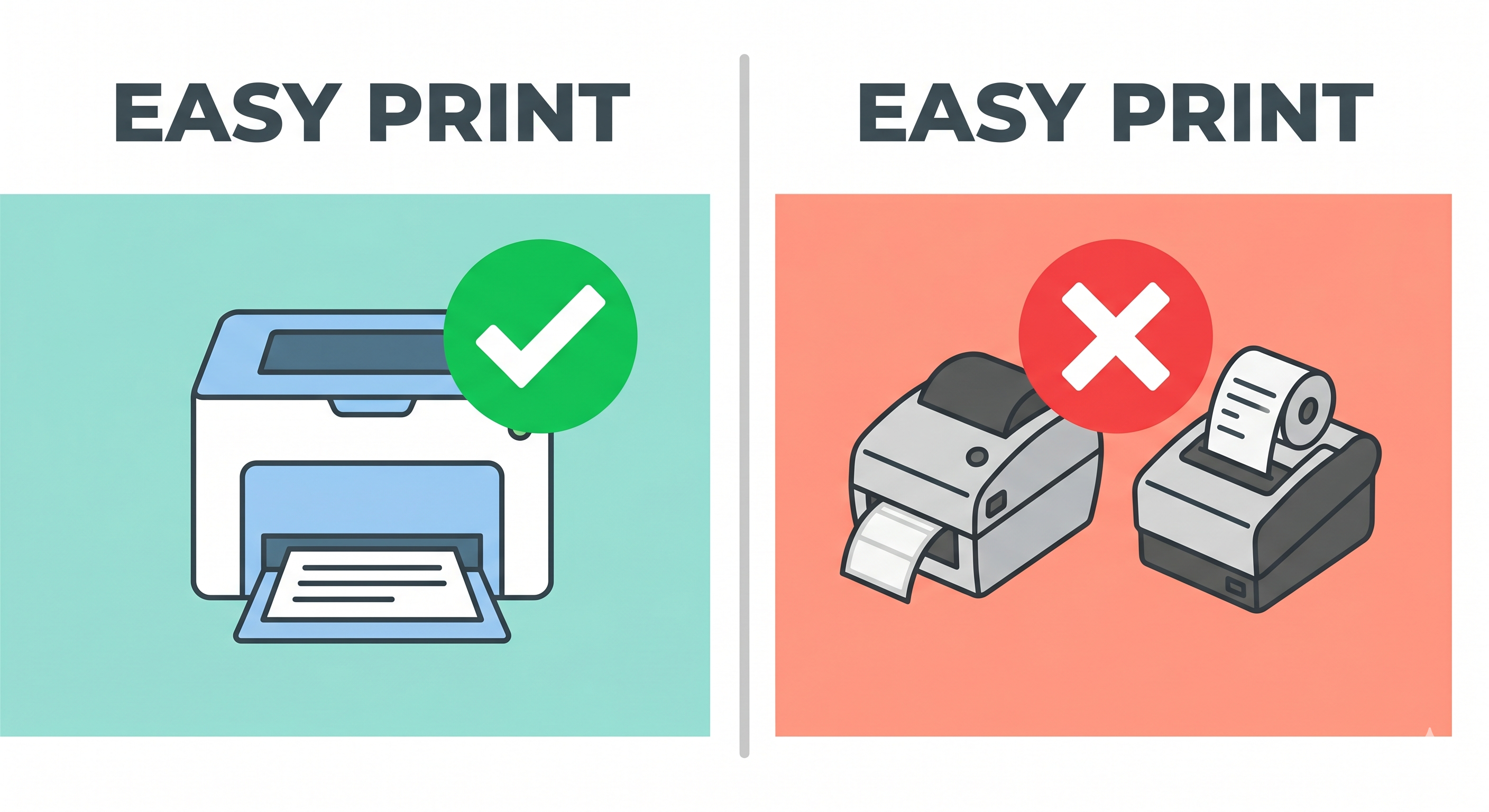 A simple split comparison illustration: left side shows a basic office laser printer with a green checkmark, right side shows a label printer and receipt printer with a red X mark. Text "Easy Print" on left, "Easy Print" on right.