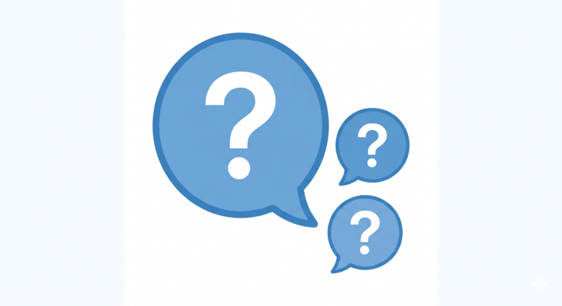 A simple illustration of speech bubbles with question marks, one large and two small.
