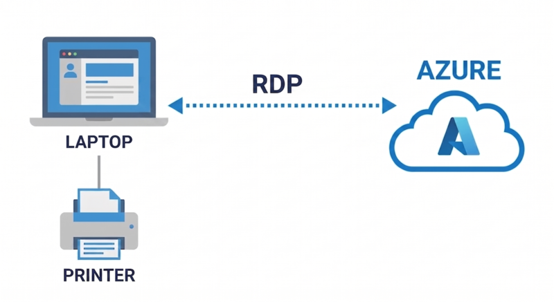 A simple diagram showing a laptop on the left connected by a dotted arrow labeled "RDP" to a cloud icon labeled "Azure" on the right, with a printer icon below the laptop