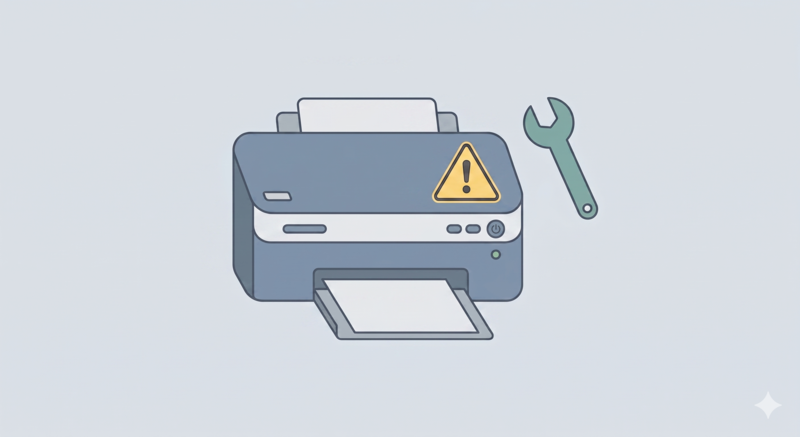 A simple illustration of a printer with a yellow warning triangle icon on it. A wrench tool floating next to it.