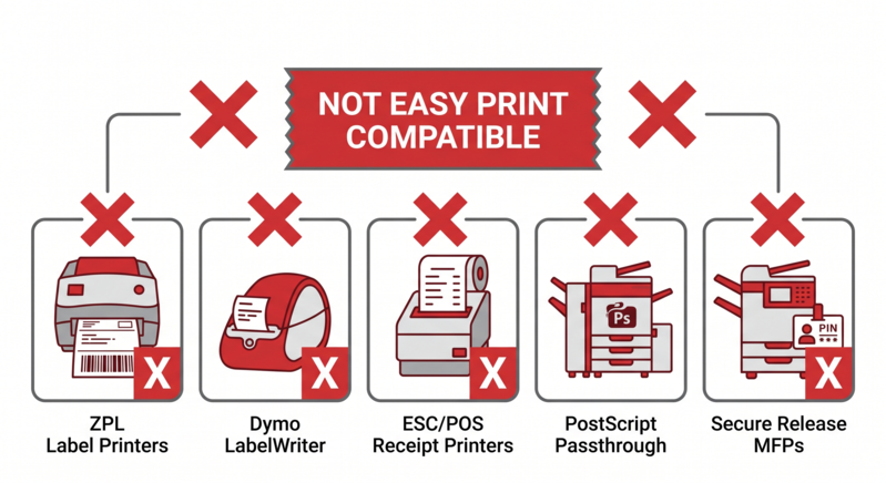 Infographic showing five printer categories that commonly fail with Remote Desktop Easy Print: Zebra ZPL label printers, Dymo LabelWriter series, ESC/POS receipt printers like Epson and Star, PostScript passthrough printers, and multifunction devices with secure release or follow-me printing features