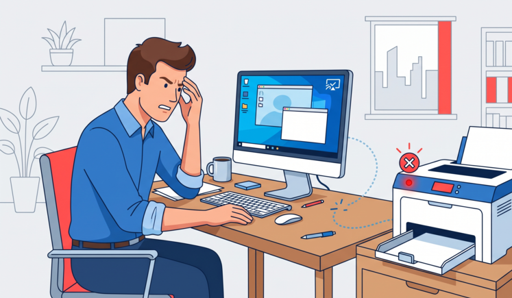 Illustration of a failed remote desktop printing attempt showing a broken connection between a Remote Desktop session on a monitor and a local printer displaying an error, representing common RDP printer redirection problems