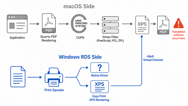 Diagram showing the Mac-to-Windows RDP print pipeline: macOS renders documents as PDF through Quartz and CUPS, the Windows RDS server re-renders through Easy Print as XPS, and the XPS stream must be converted back to PDF on the Mac client before printing, with the XPS-to-PDF translation step being the primary source of rendering artifacts and printing failures