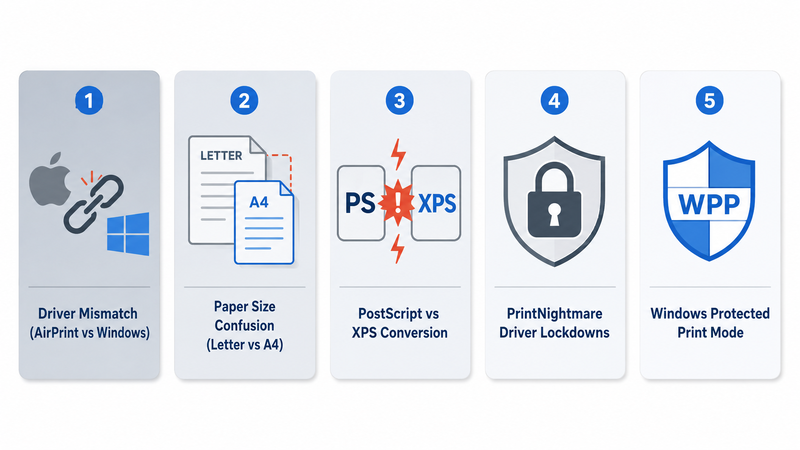 Infographic showing five common reasons Mac-to-RDP printing fails: driver mismatch between AirPrint and Windows, Letter versus A4 paper size confusion during XPS translation, PostScript to XPS conversion artifacts, PrintNightmare driver installation lockdowns blocking non-admin users, and Windows Protected Print Mode disabling third-party drivers on Server 2025
