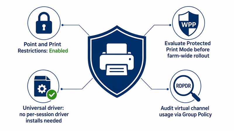 Security checklist infographic for Remote Desktop printer redirection showing four recommendations: keep Point and Print restrictions enabled, evaluate Windows Protected Print Mode compatibility before enabling it farm-wide, use a universal driver to avoid per-session driver installation, and audit RDPDR virtual channel usage through Group Policy to limit the redirection attack surface