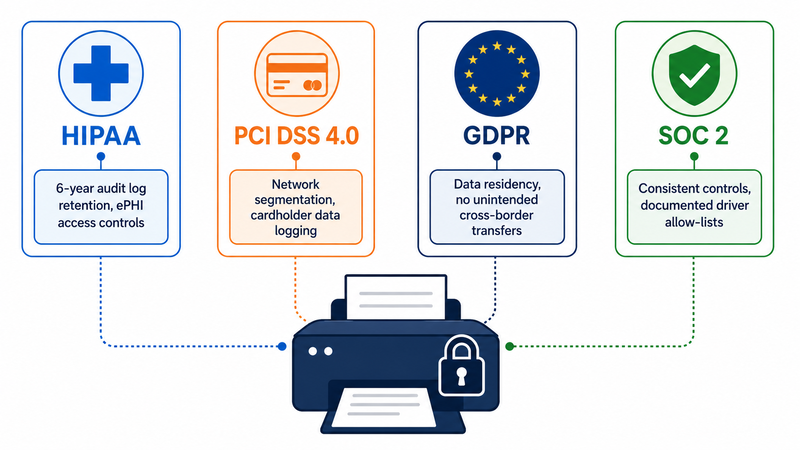 Infographic showing how four major compliance frameworks affect Remote Desktop printing: HIPAA requiring six-year audit log retention and ePHI access controls, PCI DSS 4.0 requiring network segmentation and cardholder data logging, GDPR requiring data residency controls and no unintended cross-border print data transfers, and SOC 2 requiring consistent documented controls and driver allow-lists on session hosts