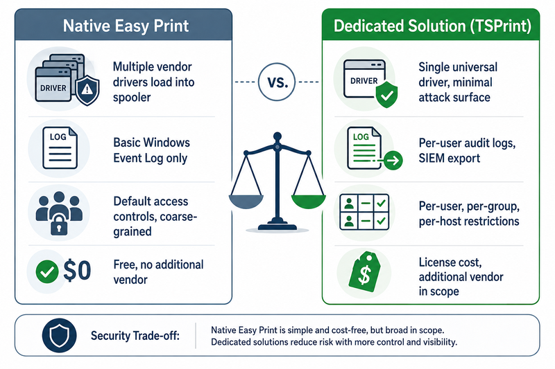 Security comparison between native Easy Print and dedicated solutions like TSPrint: Easy Print loads multiple vendor drivers increasing the spooler attack surface with basic event logging and coarse access controls but at no cost, while TSPrint uses a single universal driver minimizing attack surface with per-user audit logging and SIEM export and granular access restrictions but adds license cost and an additional vendor to the compliance perimeter