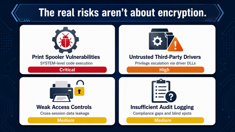 Infographic showing the four real security risks of Remote Desktop printing: print spooler vulnerabilities enabling SYSTEM-level code execution rated critical, untrusted third-party drivers allowing privilege escalation rated high, weak access controls on redirected printers creating cross-session data leakage rated medium, and insufficient audit logging causing compliance gaps rated medium
