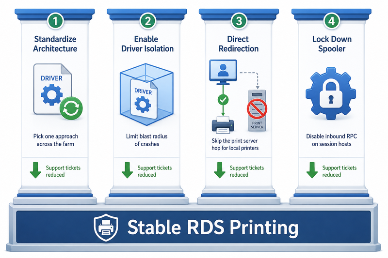 Infographic showing four best practice pillars for stable multi-user RDS printing: standardize on a single print architecture across the farm, enable driver isolation to limit the blast radius of driver crashes, use direct RDP redirection instead of routing through print servers for local printers, and lock down the Print Spooler by disabling inbound RPC connections on session hosts