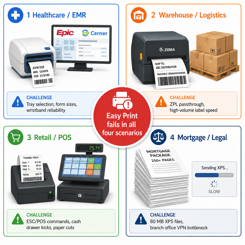 Infographic showing four specialty RDS printing scenarios where Easy Print fails: healthcare EMR environments needing wristband and prescription label printing with precise tray selection, warehouse and logistics operations requiring ZPL passthrough for high-volume Zebra label printing, retail POS systems needing raw ESC/POS commands for receipt printers and cash drawer kicks, and mortgage and legal offices where 250-page document packages produce 80 MB XPS files causing multi-minute delays over branch office VPN connections
