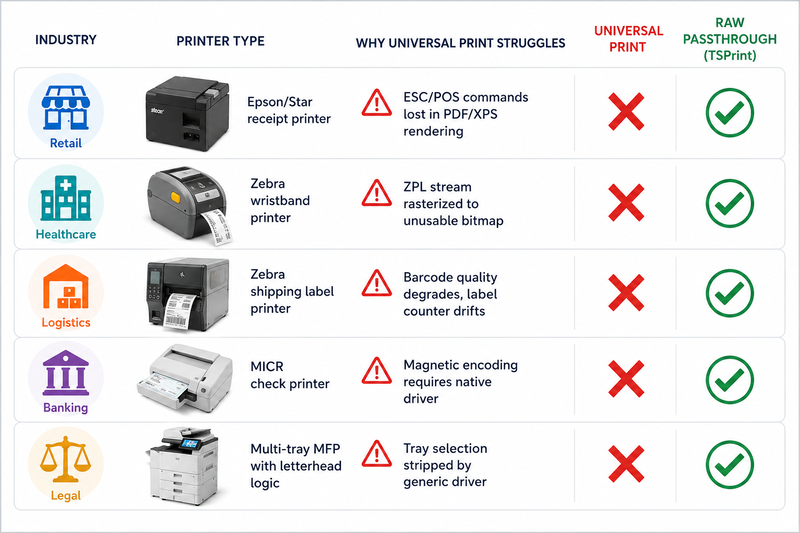 Infographic showing five specialty printer scenarios where Microsoft Universal Print fails: retail ESC/POS receipt printers lose cash drawer commands, healthcare Zebra wristband printers produce rasterized unusable output, warehouse shipping label printers suffer barcode quality degradation, financial MICR check printers require native driver encoding, and legal multi-tray MFPs lose tray selection through generic drivers, with TSPrint raw passthrough marked as working for all five scenarios