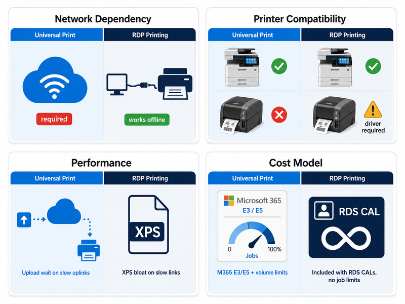 Infographic comparing four practical differences between Universal Print and traditional RDP printing: Universal Print requires constant internet while RDP printing works offline, Universal Print supports modern office printers but fails with specialty hardware while RDP printing can use vendor drivers, both have performance challenges on slow connections from different causes, and Universal Print requires M365 E3 or E5 licensing with volume limits while RDP printing is included with RDS CALs at no extra cost