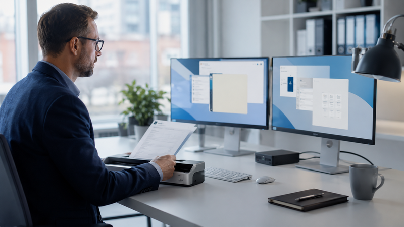 Office professional scanning a document at a desk while working in a remote desktop session on dual monitors