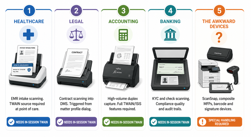 Infographic showing five industry scenarios where Remote Desktop scanning commonly fails: healthcare EMR intake scanning requiring TWAIN at point of care, legal contract scanning triggered from DMS matter profiles, accounting high-volume duplex capture needing full TWAIN and ISIS features, banking KYC and check scanning requiring compliance-quality images and audit trails, and problematic devices including ScanSnap manager-dependent scanners composite MFP all-in-ones and barcode scanners that present as HID devices