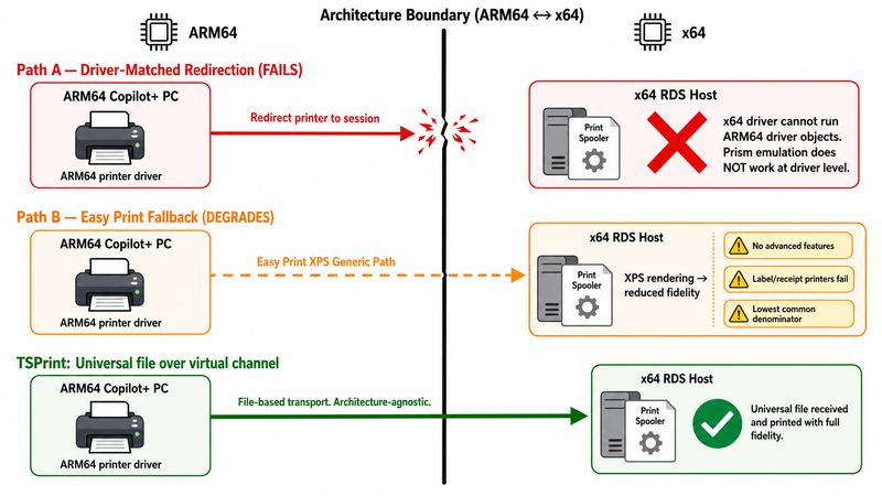 Diagram showing two printing paths when an ARM64 Copilot+ PC connects to an x64 RDS host: driver-matched redirection fails completely at the architecture boundary because Prism emulation cannot translate kernel-level driver code, Easy Print falls back to a degraded XPS generic path with reduced fidelity and no specialty printer support, while TSPrint bypasses both problems by sending architecture-agnostic file data through the RDP virtual channel without any driver matching
