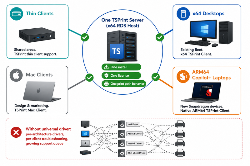 Hub-and-spoke diagram showing one TSPrint Server installation simultaneously serving four different client types in a mixed-architecture 2026 workforce: existing x64 desktops, new ARM64 Snapdragon Copilot+ laptops with native ARM64 client, Mac clients, and thin clients, all connected to the same server with one install, one license, and identical print path behavior regardless of client architecture