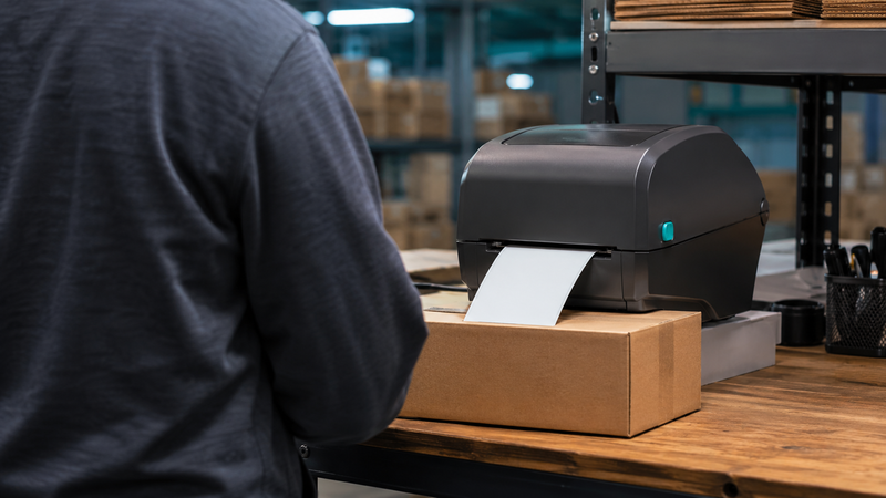 Desktop label printer producing a shipping label on a package at a logistics packing station
