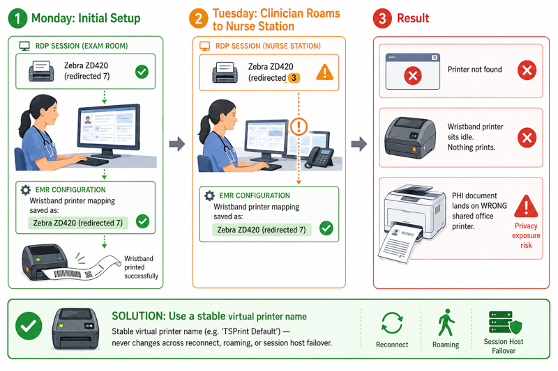 Sequence diagram showing how the redirected printer suffix breaks EMR label mappings: a wristband printer initially appears as Zebra ZD420 redirected 7 and the EMR saves that exact name, but after the clinician roams to a different workstation the suffix changes to redirected 3, causing the EMR mapping to fail with a printer not found error, silent non-printing, or PHI landing on the wrong shared tray, which a stable virtual printer name prevents entirely