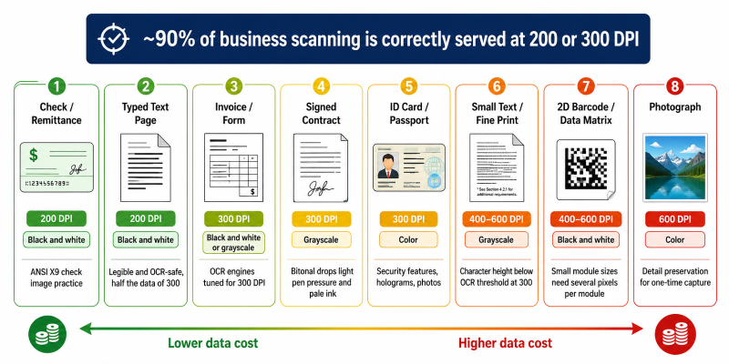 Spectrum infographic showing recommended scan DPI and color depth by document type ordered from lowest to highest data cost: checks and clean typed text at 200 DPI black and white, general business documents at 300 DPI for OCR, signed contracts at 300 DPI grayscale to preserve light pen pressure, ID and KYC documents at 300 DPI color for security features, small print and 2D barcodes at 400 to 600 DPI, and photographs at 600 DPI color, with roughly 90 percent of business scanning correctly served at 200 or 300 DPI