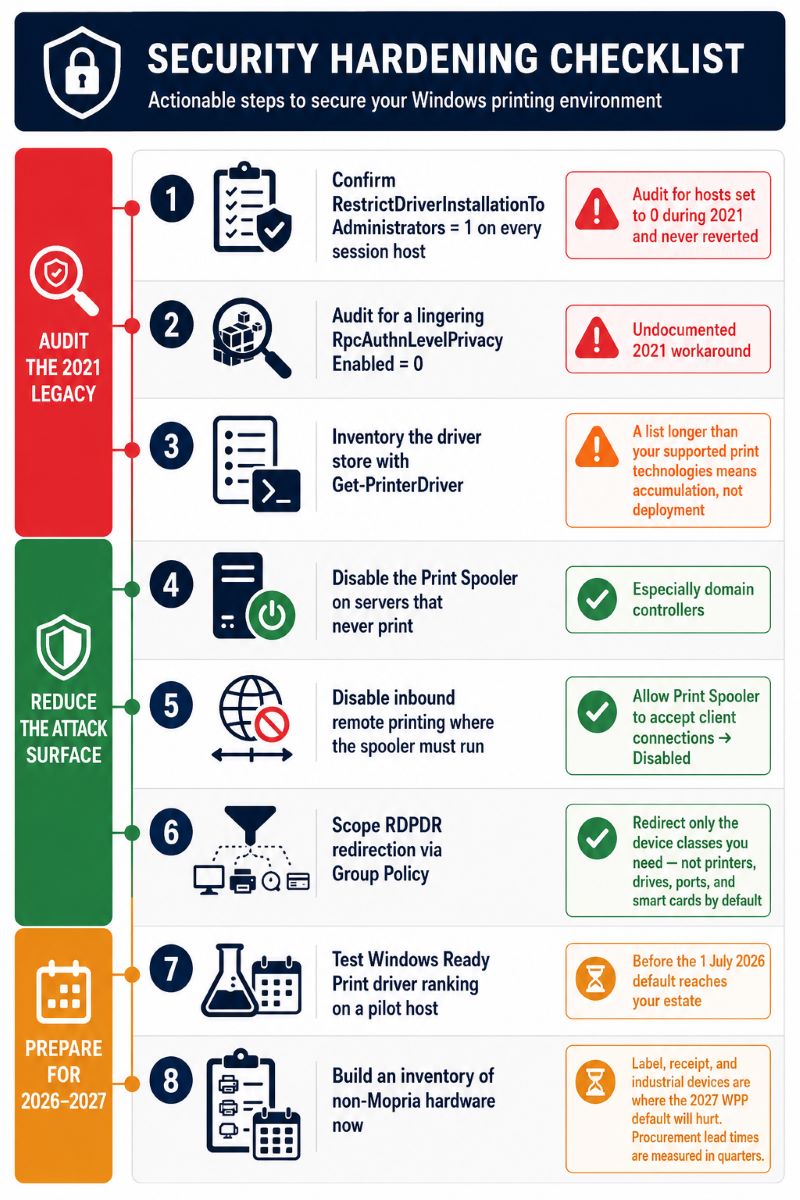 Security hardening checklist for RDS print environments grouped into three phases: auditing the 2021 legacy by confirming RestrictDriverInstallationToAdministrators is set to 1, checking for a lingering RpcAuthnLevelPrivacyEnabled value of 0, and inventorying the driver store with Get-PrinterDriver; reducing attack surface by disabling the spooler on servers that never print, disabling inbound remote printing where it must run, and scoping RDPDR redirection to only required device classes; and preparing for the future by testing Windows Ready Print driver ranking on a pilot host before the July 2026 default and inventorying non-Mopria hardware ahead of the expected 2027 Protected Print Mode enforcement