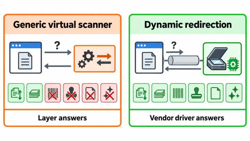 Diagram comparing two scanner redirection models: a generic virtual scanner uses a translation layer that only answers a fraction of TWAIN capabilities correctly and fails the rest, while dynamic redirection proxies the capability negotiation through to the manufacturer's own driver on the client workstation so every capability including vendor-specific ones is answered correctly