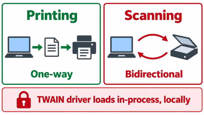 Diagram contrasting why Remote Desktop redirects printers but not scanners: printing is a one-way flow where a spool file is generated on the server and handed to the client, while scanning is a bidirectional stateful conversation between application and device conducted through TWAIN data sources that load in-process on the local machine, leaving no server-side abstraction Microsoft could have written