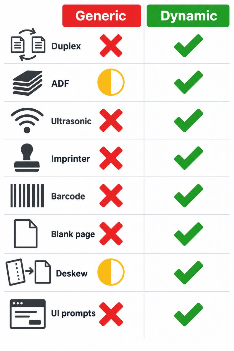 Comparison showing eight scanner features and whether each survives in two redirection models: duplex, ADF feeder control, ultrasonic multi-feed detection, imprinter endorser text, barcode and patch code separation, blank page removal, auto deskew, and the vendor's native scanner dialog are all unavailable or only partially supported through a generic virtual scanner, while dynamic redirection passes every one of them through to the manufacturer's driver intact