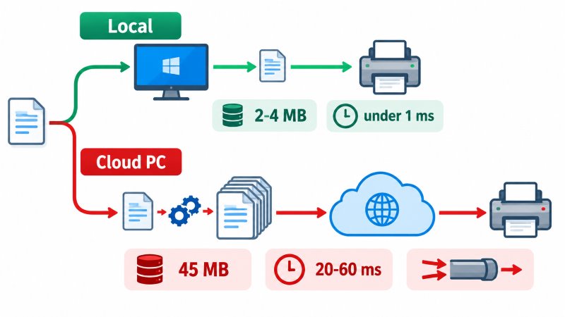 Comparison diagram showing why printing from a Cloud PC is slower than from a local PC: the same 50-page document that spools at 2 to 4 MB as PDF locally expands to around 45 MB as XPS through Easy Print, then crosses the public internet at 20 to 60 milliseconds round-trip latency while competing with the graphics stream on the same RDP connection