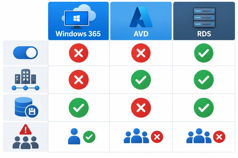 Comparison of printing across Windows 365, Azure Virtual Desktop, and traditional RDS on four dimensions: redirection is disabled by default on new Windows 365 and AVD deployments but enabled on RDS, only AVD and RDS have line of sight to an on-premises print server, printer configuration persists on single-user Cloud PCs and RDS hosts but not on pooled AVD hosts, and a spooler crash affects one user on a Cloud PC versus every user on a shared session host