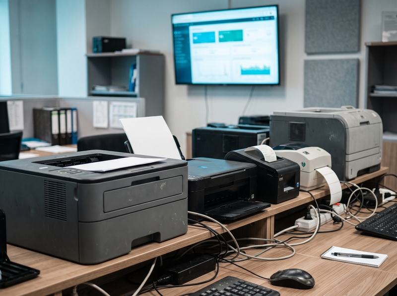 A row of mismatched office printers, label printers and receipt printers on one desk with a blurred server console behind them, illustrating driver sprawl on a shared session host