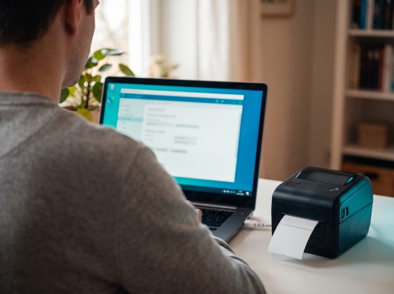 Person working from a home office on a laptop showing a remote desktop session, with a USB label printer connected next to it