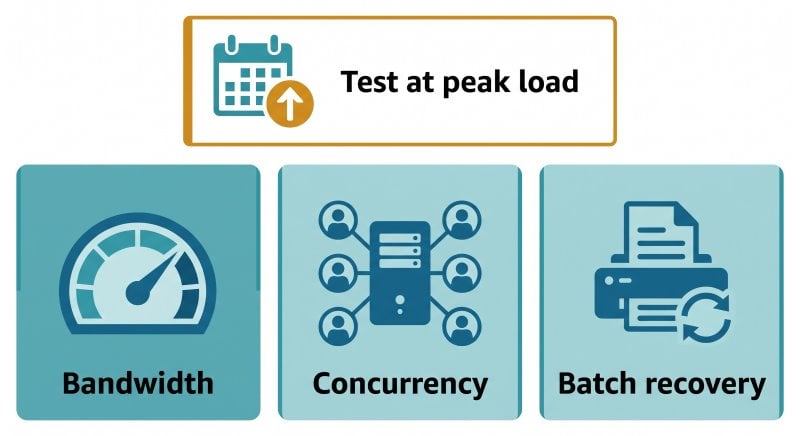 Infographic showing the three things accounting firms should test together before tax season: bandwidth for scanned image transfer, concurrency with many preparers scanning on one server at the same time, and batch recovery after feeder jams or disconnects, all tested at peak rather than average load