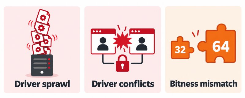 Infographic showing three problems that appear when many users share one RDS session host: driver sprawl where every scanner model needs its driver on every host, driver conflicts where TWAIN drivers written for single-user workstations collide when two sessions open them simultaneously, and bitness mismatch where 32-bit business applications cannot see 64-bit TWAIN 2.x drivers