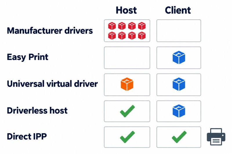 Comparison showing where printer driver code runs in five RDP printing architectures: manufacturer drivers put one package per model inside the session host, Easy Print and driverless designs keep the real driver on the client with nothing third-party on the host, a universal virtual driver puts one vendor's driver on the host alongside the client driver, and direct IPP printing needs no driver on either side