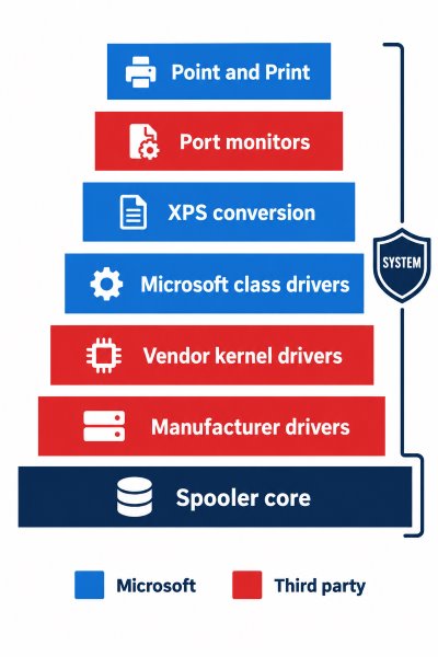 Layer diagram showing the seven parts of the Windows print stack on a session host: the spooler core, manufacturer driver DLLs, kernel drivers bundled with printer software, Microsoft class drivers, XPS conversion, port monitors and print providers, and Point and Print, with third-party layers highlighted separately from Microsoft layers and all of them running at or reachable from SYSTEM privilege
