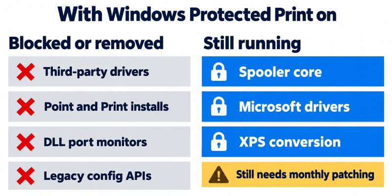 Comparison showing why print stack advisories are worse on a session host: on a laptop the authorized attacker precondition means the person who owns the machine, while on a terminal server it means every user with a session including any account an attacker has phished, so the precondition is satisfied by design