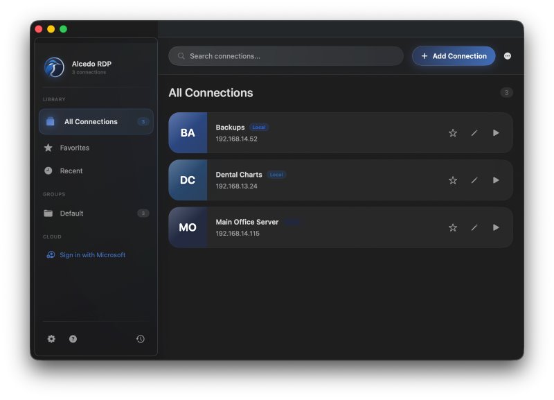 Alcedo home screen with few remote desktop connections to local computers and remote servers