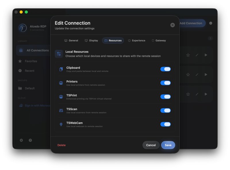 Alcedo showing remote desktop options where user can enable TSPrint, TSScan and TSWebCam so Alcedo can act as their client when connecting to a remote session