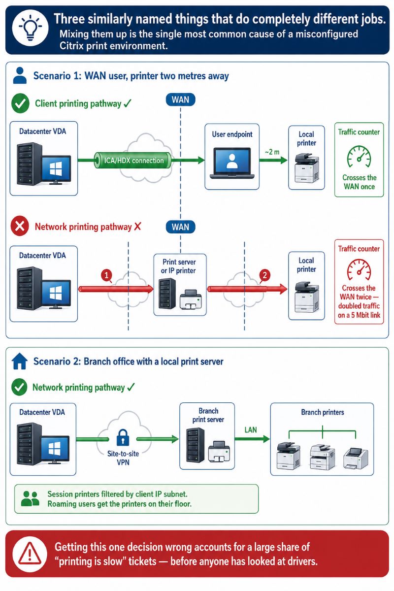 Network topology diagram comparing the two Citrix print pathways: a WAN user printing to a printer two metres from their desk should use the client printing pathway so the job crosses the WAN once, whereas the network printing pathway would send it from the datacenter back over the same link and then to the printer, doubling traffic on a constrained connection, while a branch office with a local print server and site-to-site VPN is better served by the network pathway using session printers filtered by client IP subnet