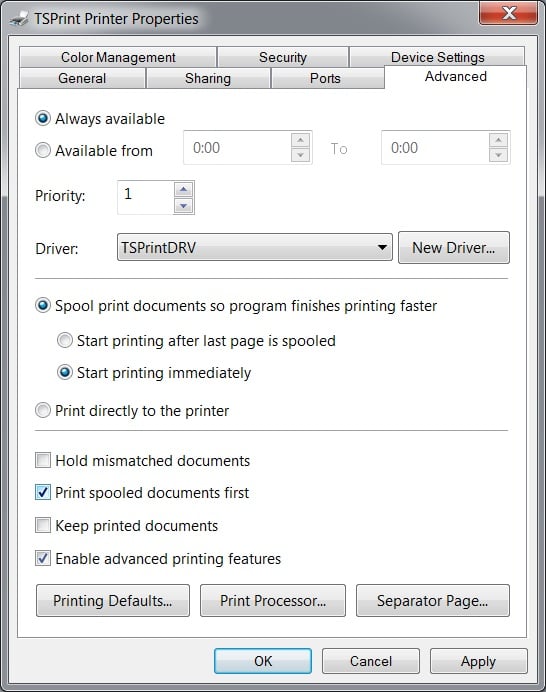 Printer Properties TSPrint